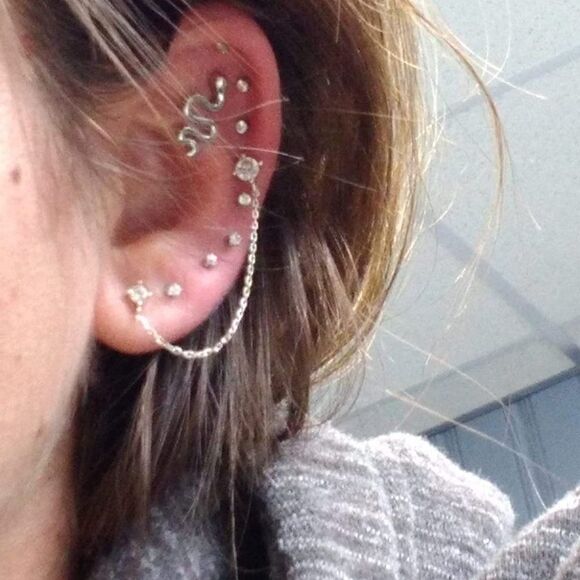 Crystal Chain Stud Sterling Silver Cartilage Double Piercing Climber Earring NEW - Picture 11 of 16